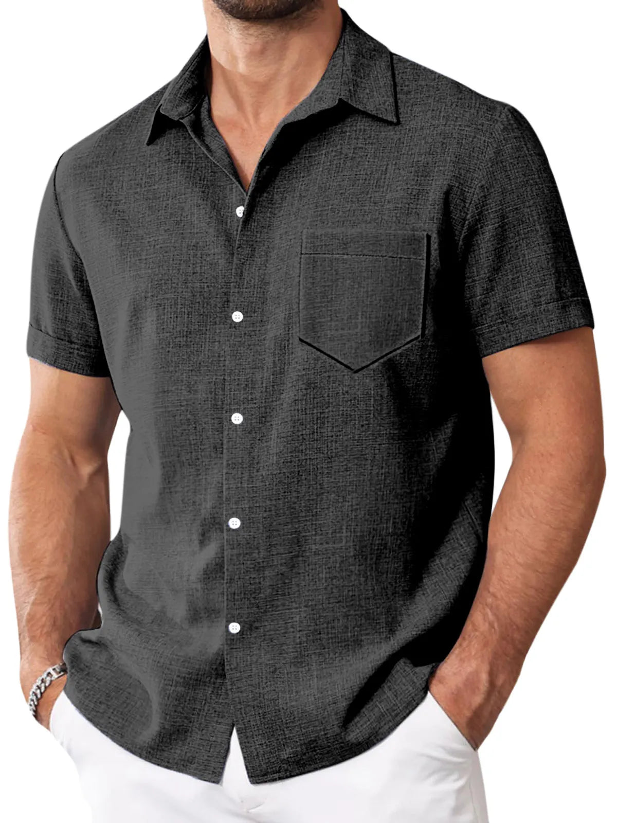 Men's Simple Solid Color Imitation Linen Lapel Button-down Short-sleeved Shirt
