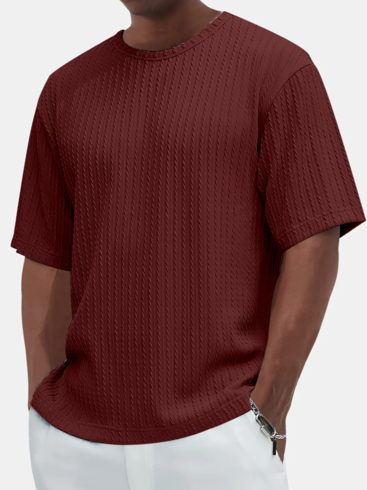 Men's Casual Solid Color Comfortable Daily Jacquard Texture Short-sleeved T-shirt