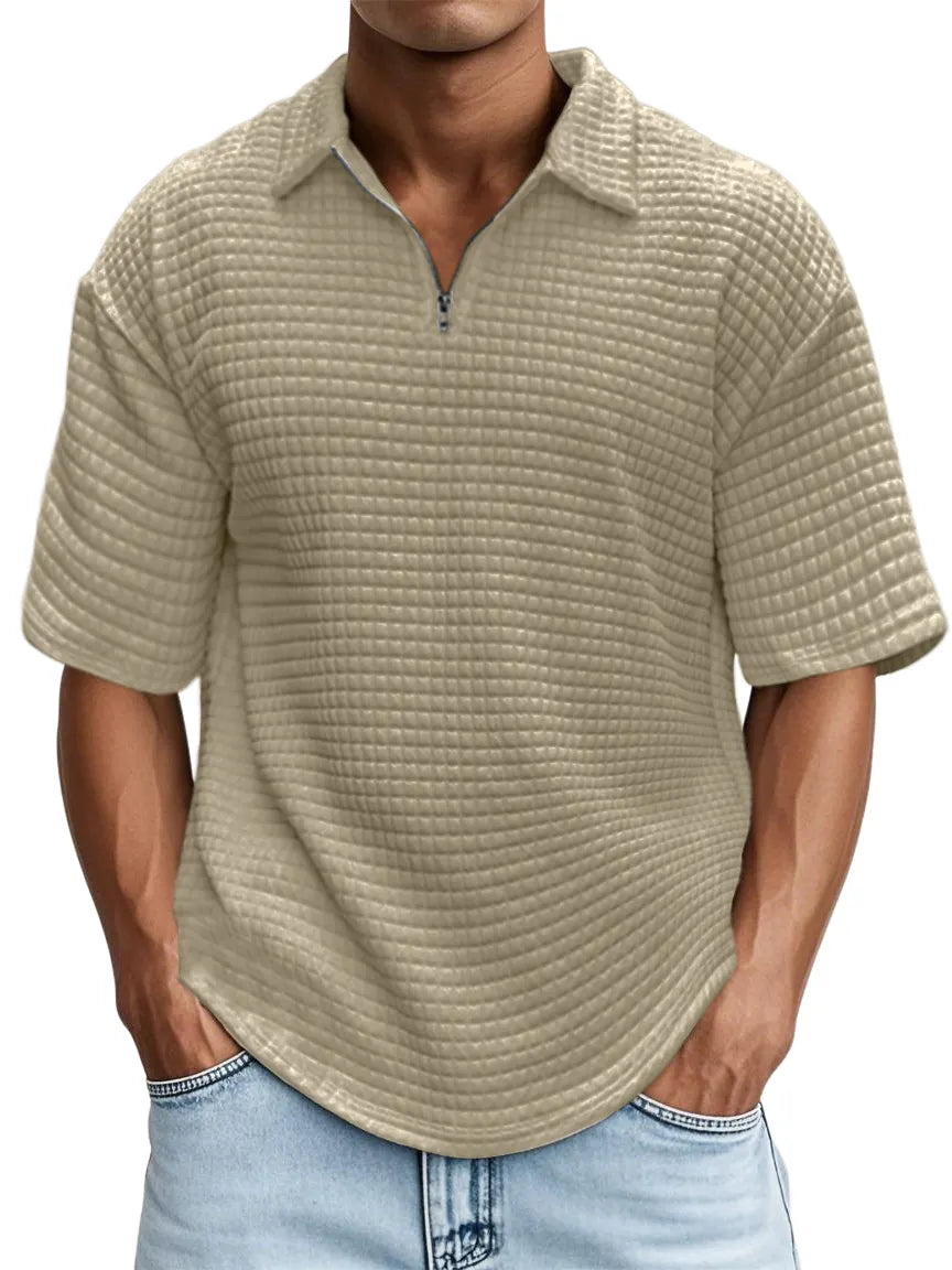Men's Waffle Fabric Zipper Short-sleeved Top