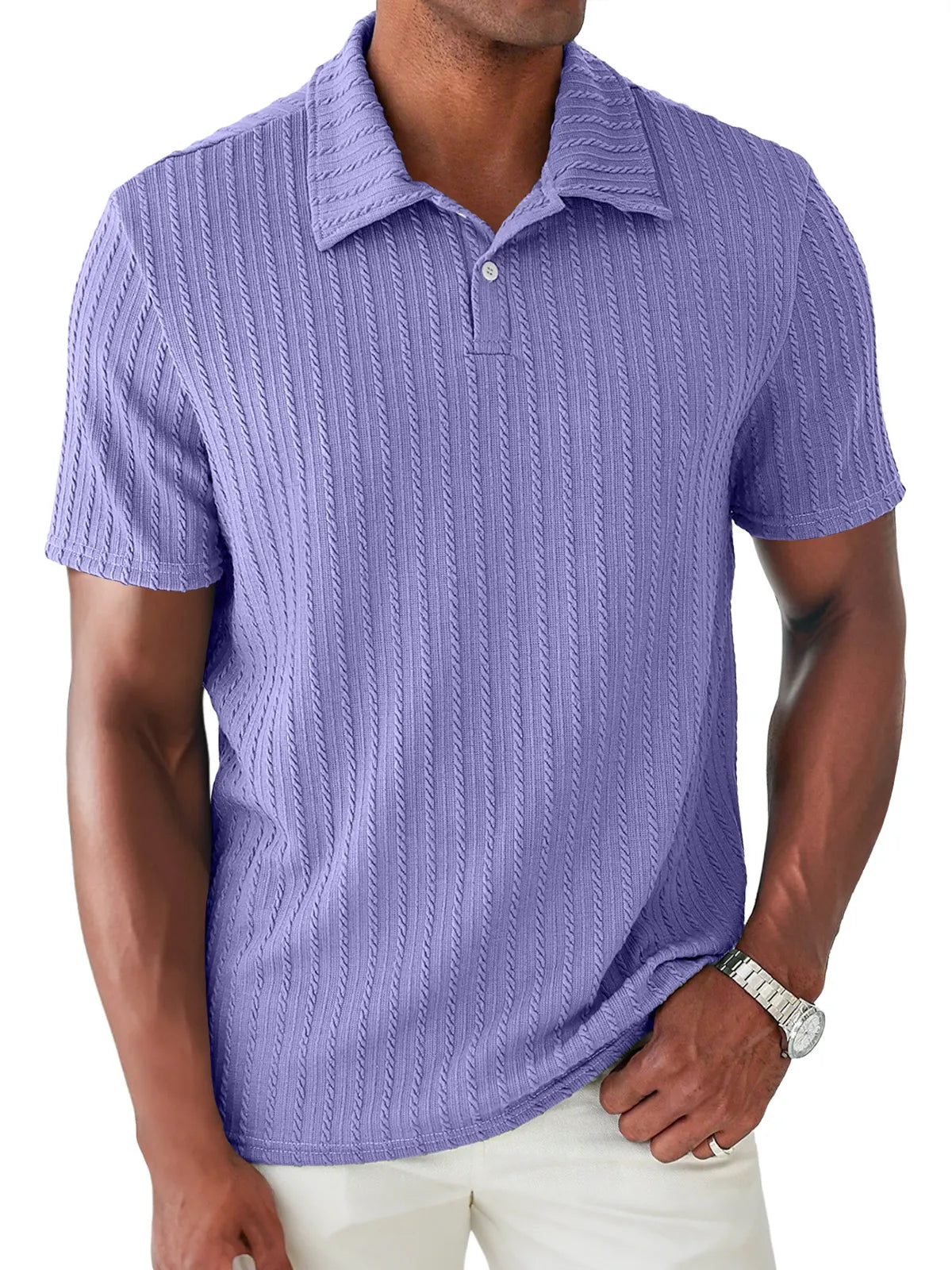 Men's Daily Jacquard Texture Lapel Button Casual Short Sleeve POLO Shirt