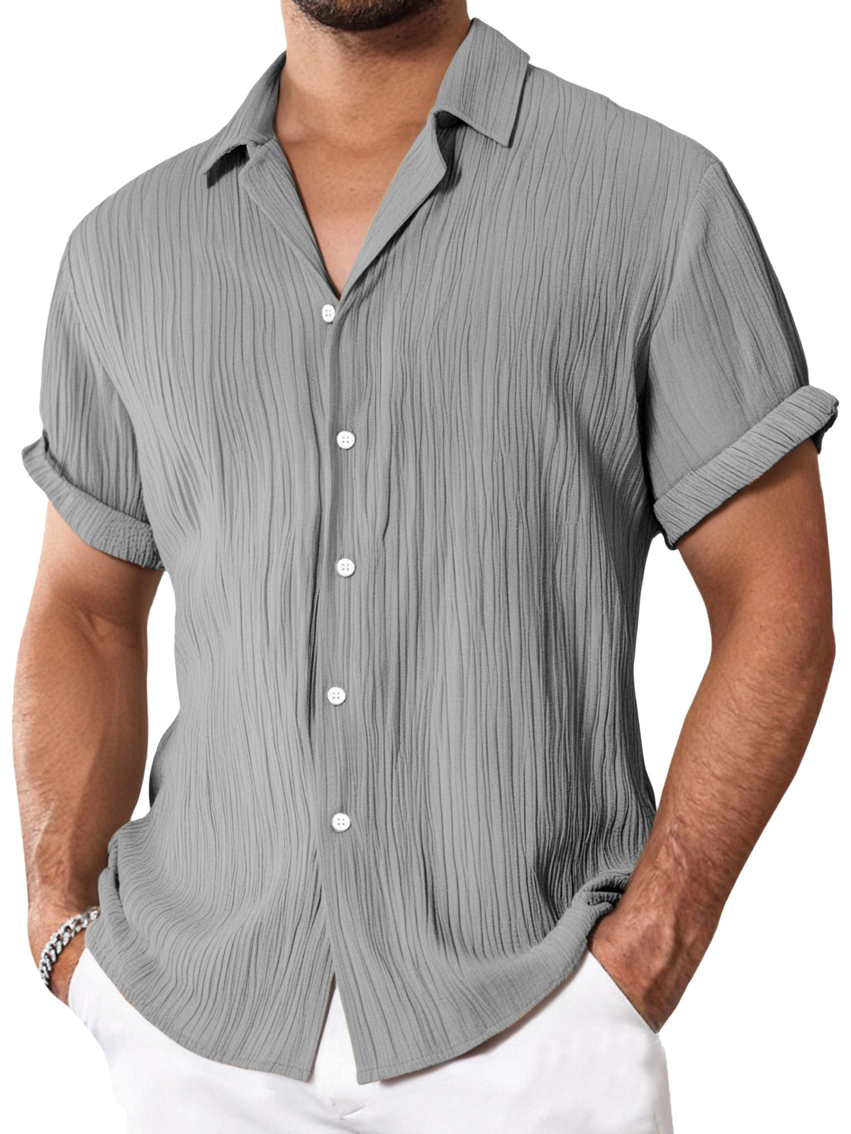 Men's Simple Everyday Textured Short Sleeve Lapel Button-down Shirt