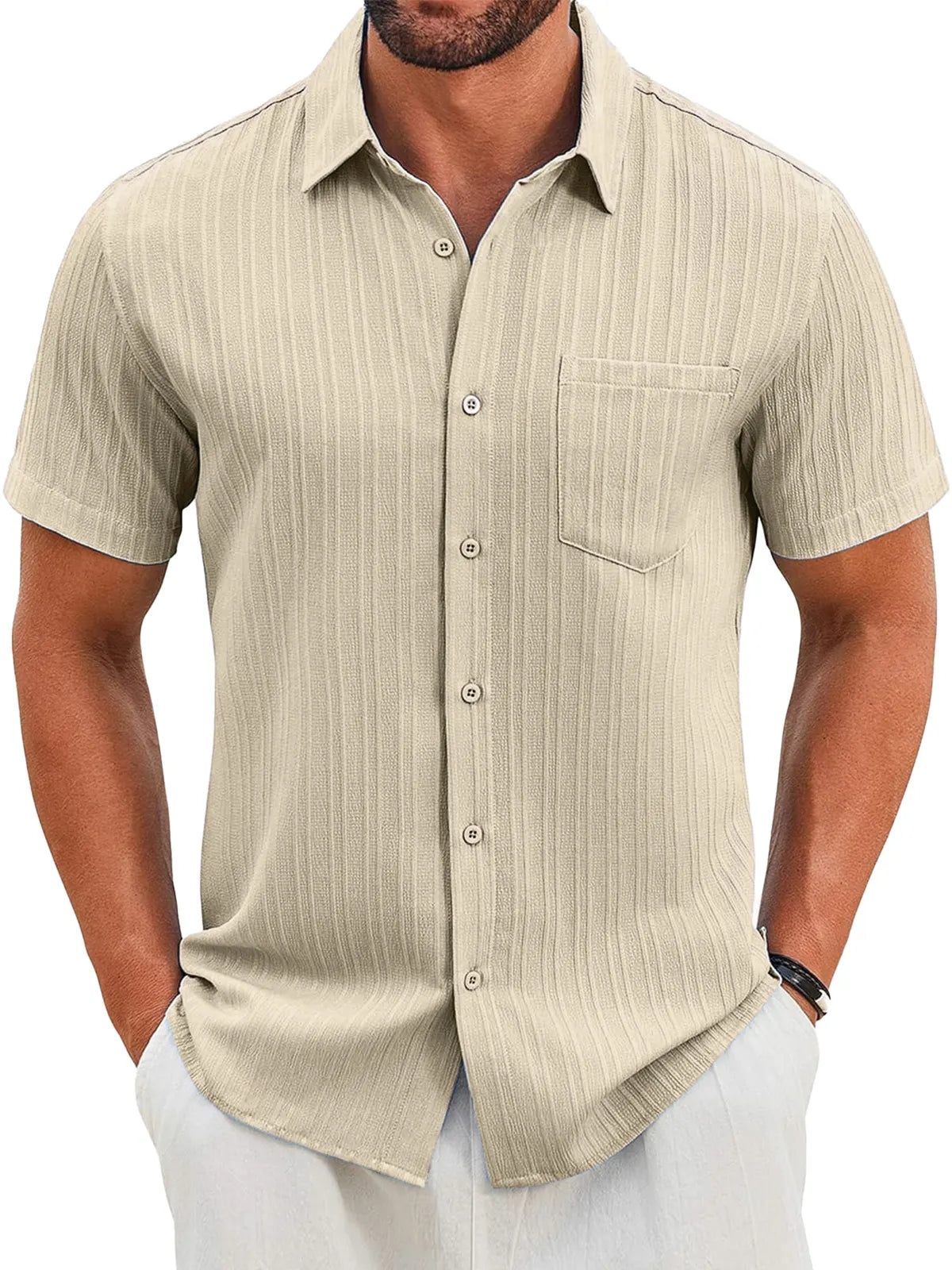 Men's Casual Vertical Striped Textured Lapel Solid Color Short-sleeved Shirt