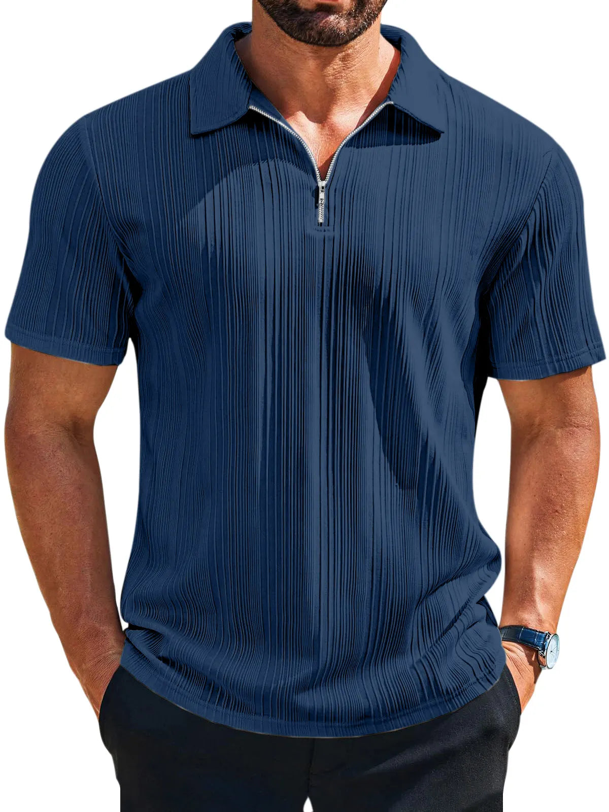 Men's casual loose solid color texture zipper short-sleeved POLO shirt