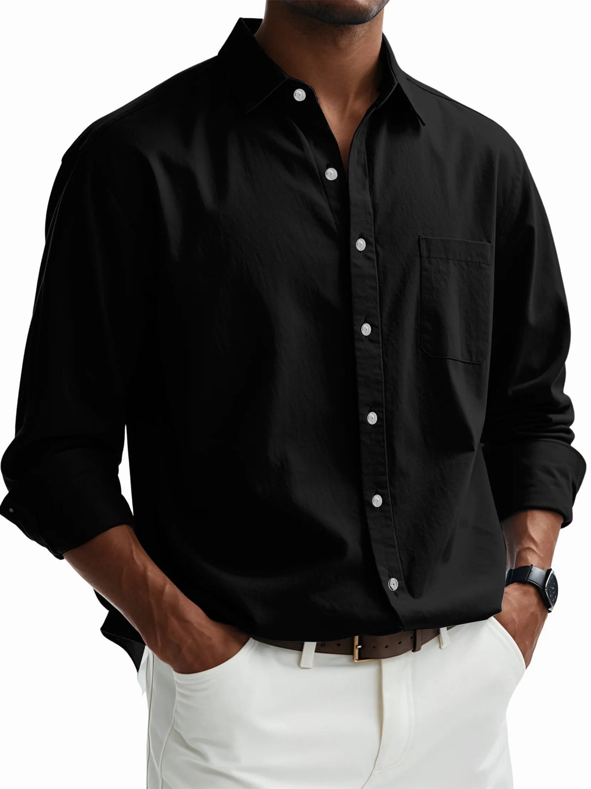 Men's Casual Cotton Pocket Basic Long Sleeve Shirt