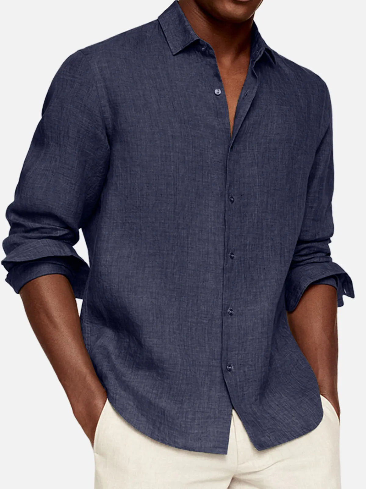 Men's Casual Cotton And Linen Solid Color Lapel Comfortable Long-sleeved Shirt