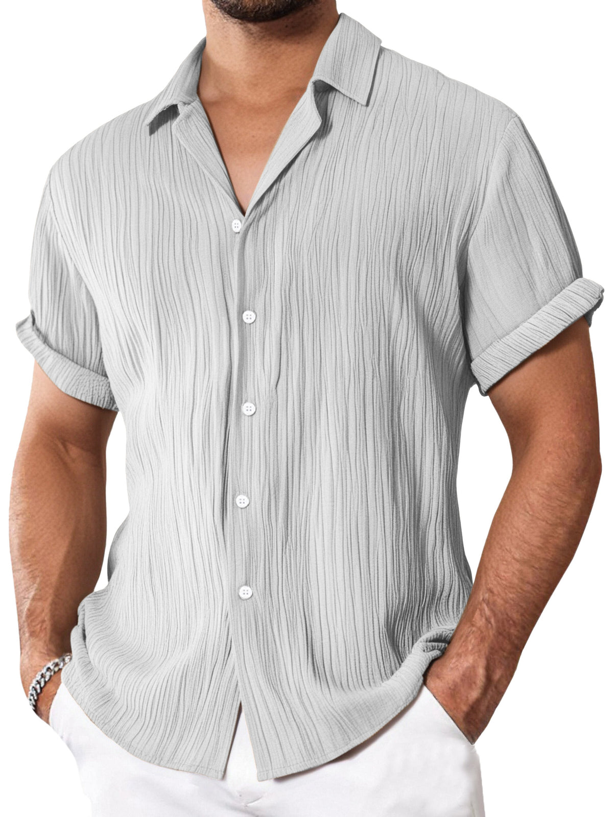Men's Simple Everyday Textured Short Sleeve Lapel Button-down Shirt