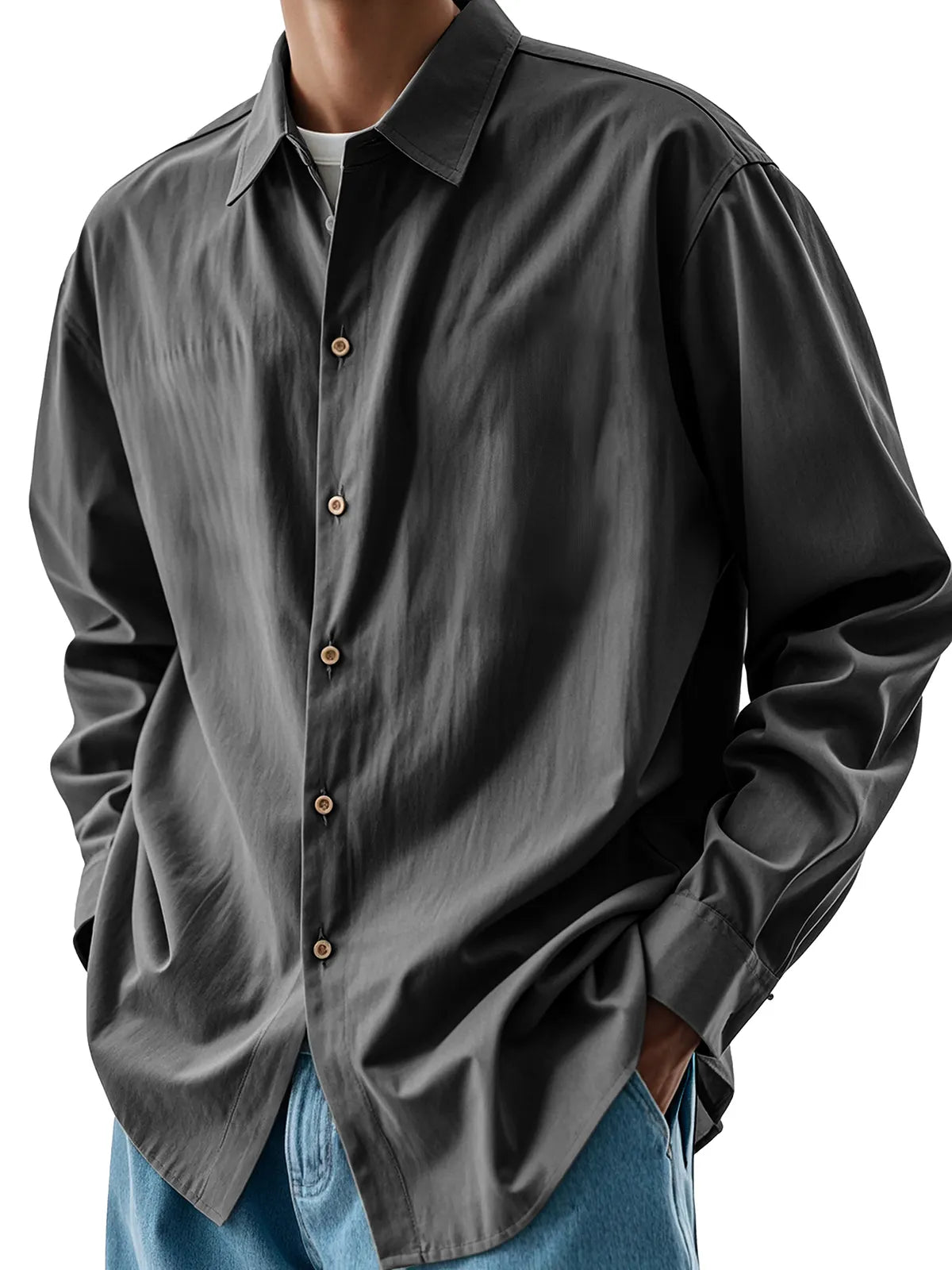 Men's Fashion Retro Pleated Fabric Lapel Long-sleeved Shirt