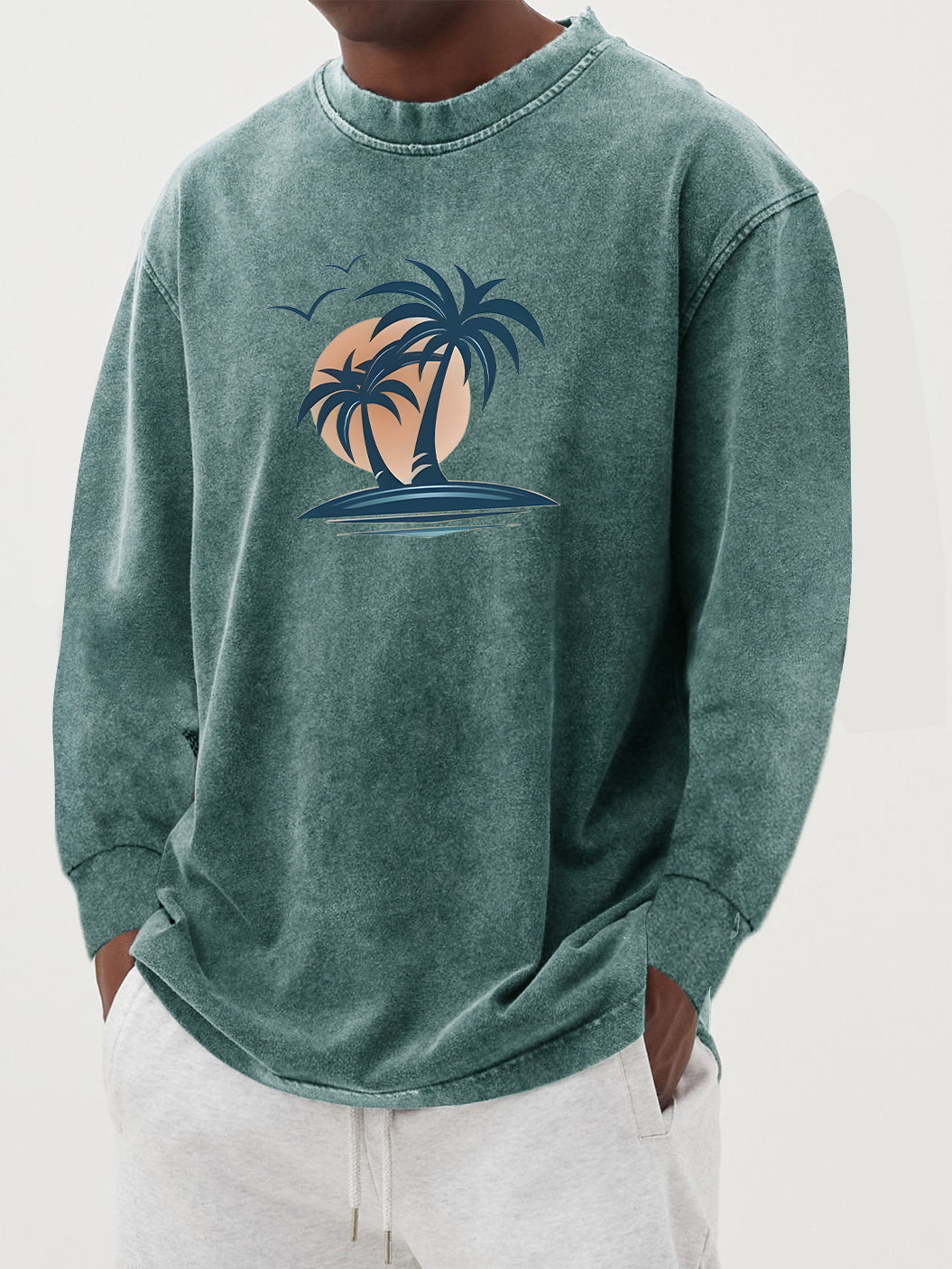 Men's Washed And Distressed 100% Palm Tree Print Long-sleeved T-shirt