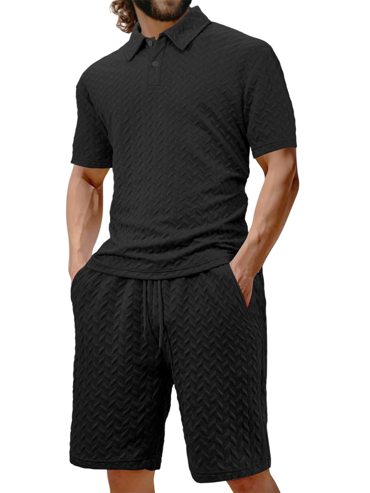Men's Jacquard Texture Holiday Casual Polo Shirt Lapel Short-sleeved Shorts Suit