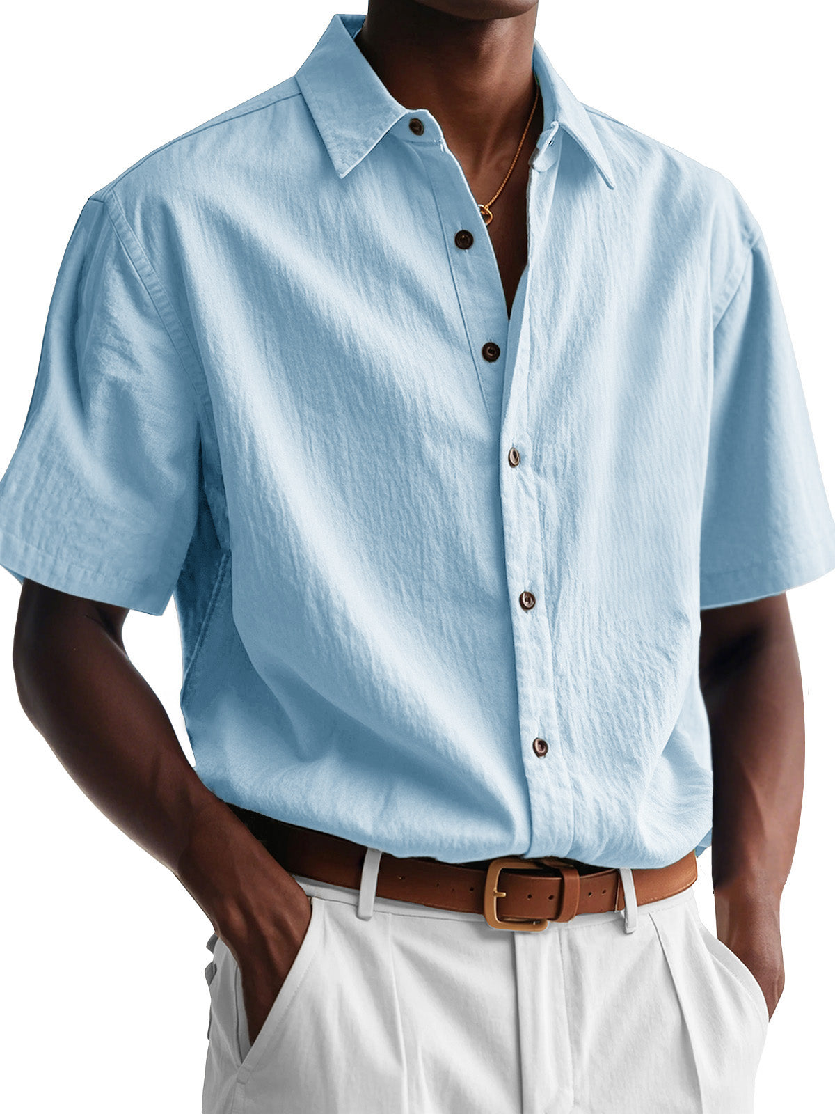 Men's Fashion Casual Pleated Fabric Short Sleeve Lapel Shirt