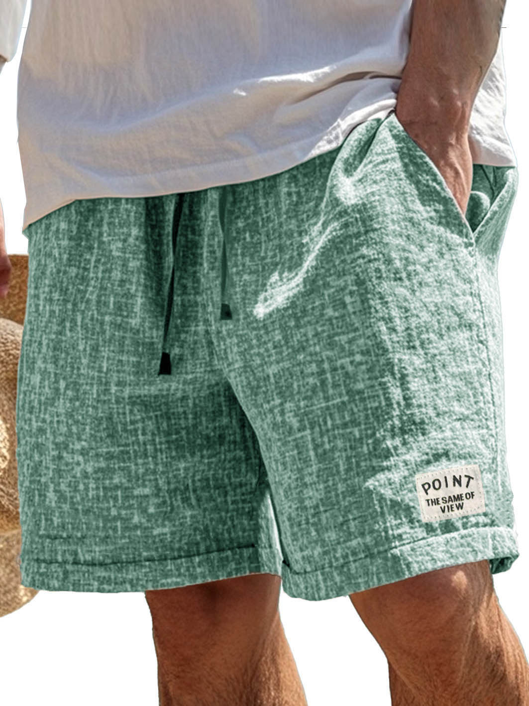 Men's Fashion Casual Hemp Fabric Pocket Embroidered Logo Shorts