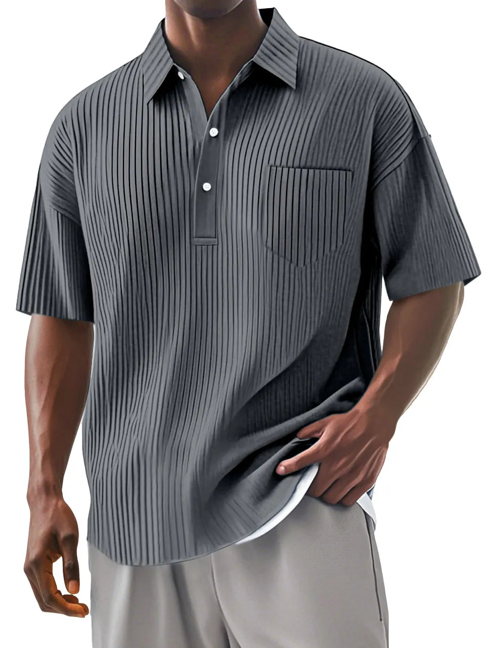 Men's Daily Solid Color Vertical Stripe Texture Short-sleeved Polo Shirt