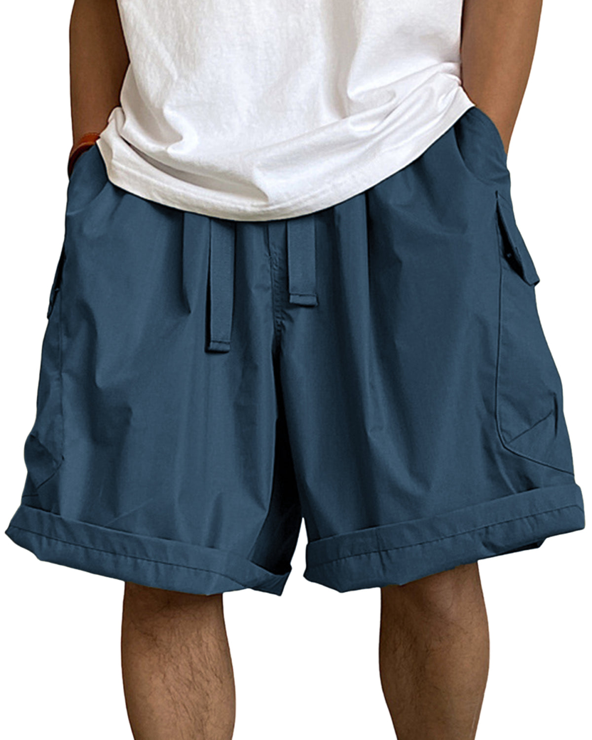 Men's Multi-Pocket Cargo Shorts Breathable Loose Drawstring Shorts with Side Pockets