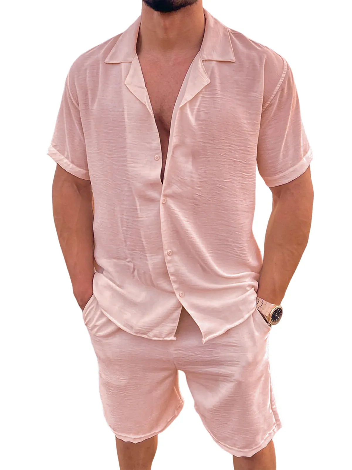 Men's Linen Camp Set Vacation Leisure Short Sleeve and Shorts Two-piece Suit