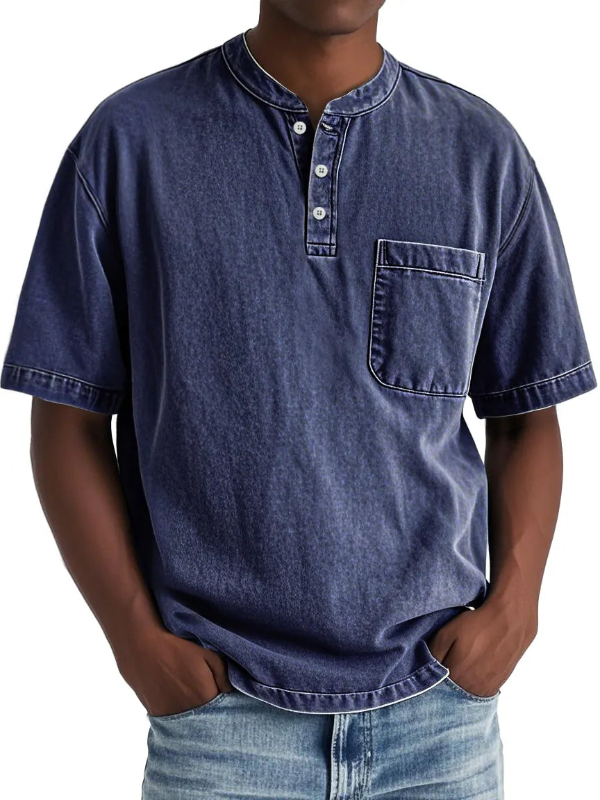 Men's Vintage Distressed Stand Collar Pocket Casual Short Sleeve Henley Shirt