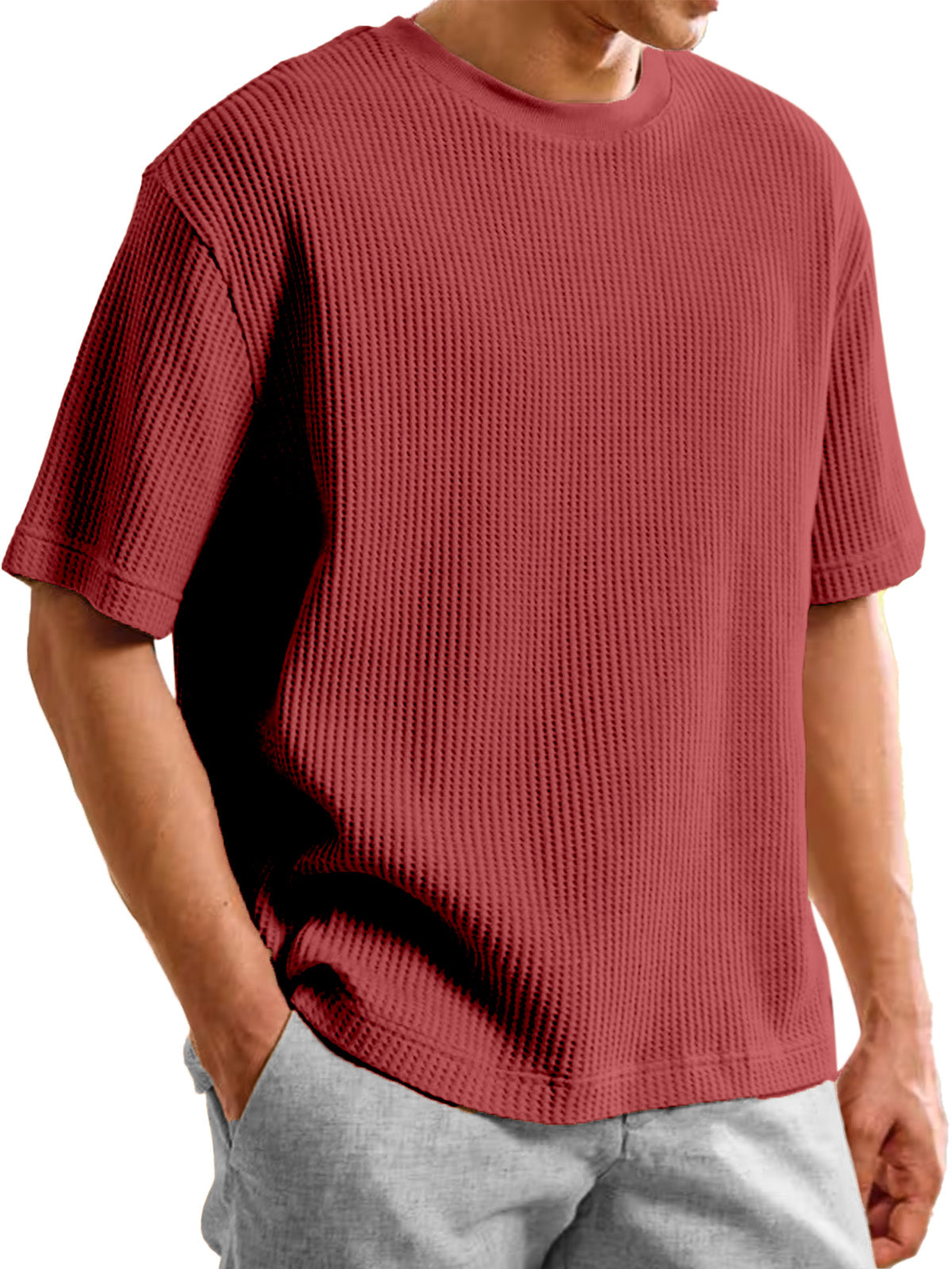 Men's Summer Waffle Texture Loose Round Neck Short-sleeved T-shirt