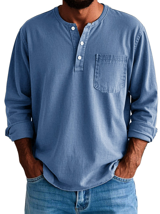 Men's Fashion Vintage Washed Cotton Long Sleeve Pocket Henley Shirt