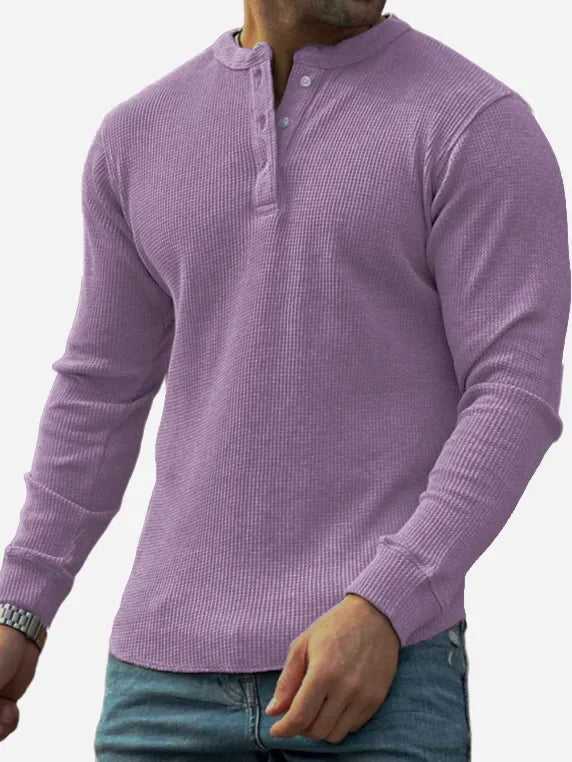 Men's Textured Waffle Trend Long Sleeve Lapel Henley