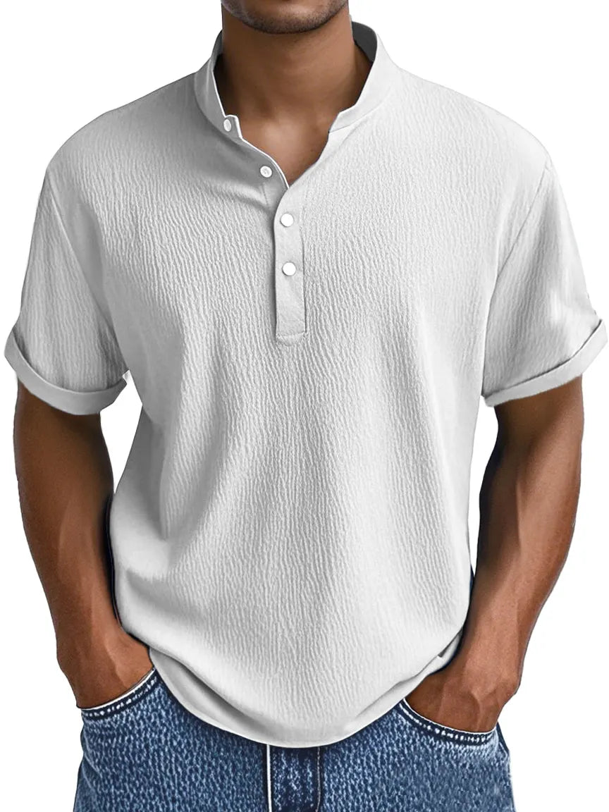 Men's Summer Daily Solid Color Pleated Texture Short-sleeved Henley Shirt
