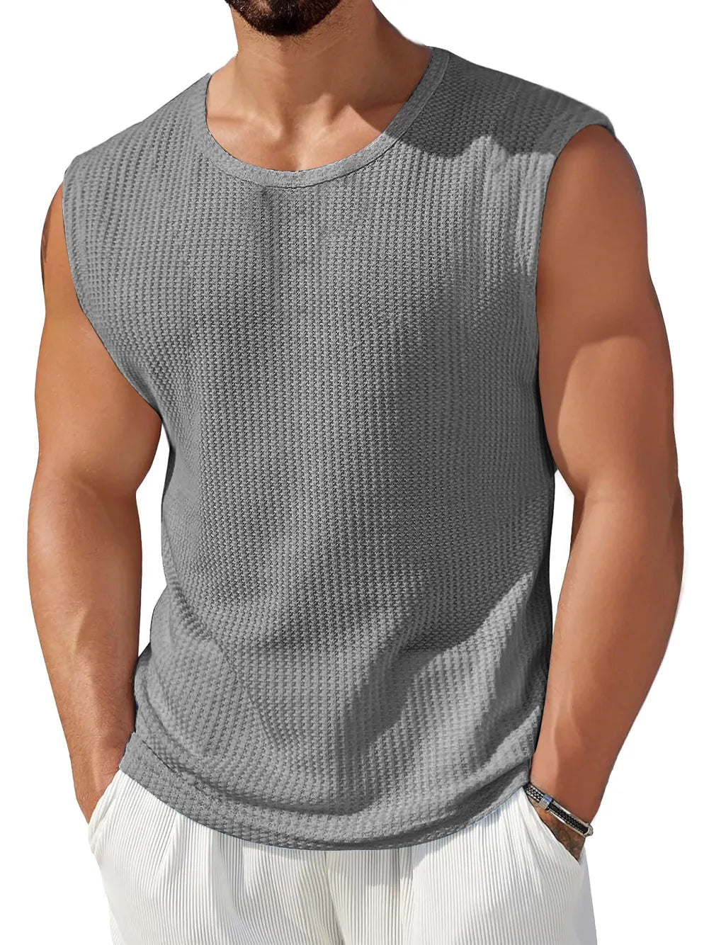 Men's Daily Waffle Round Neck Casual Solid Color Sleeveless Vest