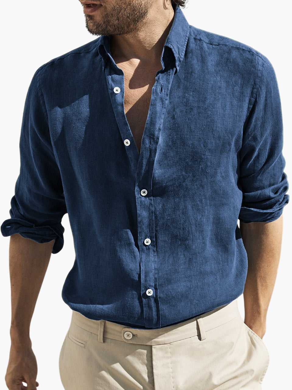 Men's Vintage Cotton Distressed Basic Washed Loose Long Sleeve Button Lapel Everyday Shirt