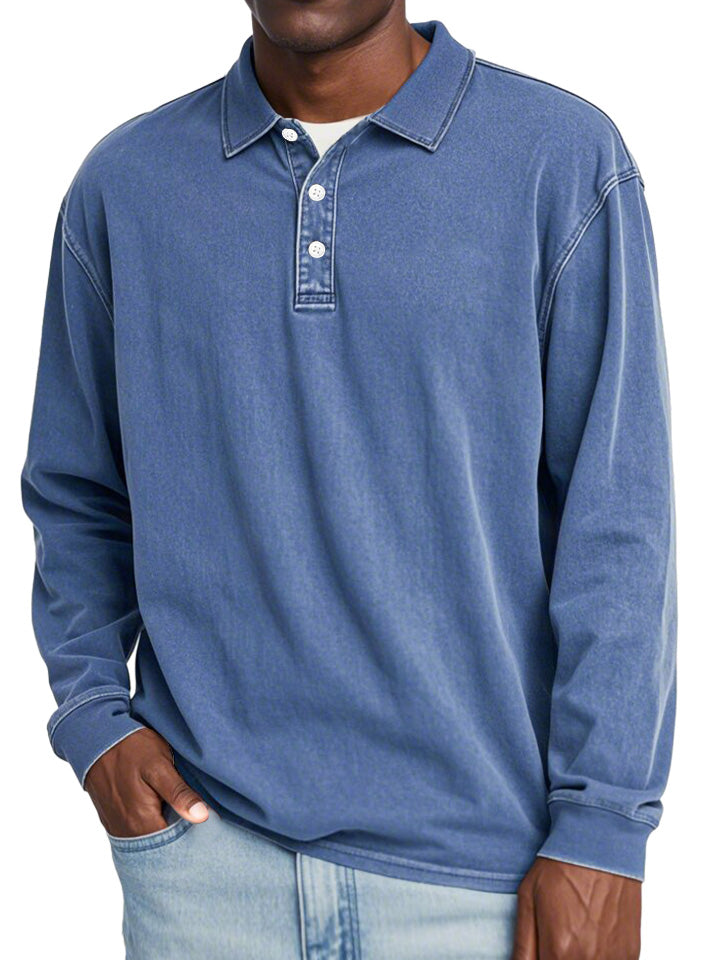 Men's Retro Lapel Button Solid Color Long Sleeve POLO Shirt