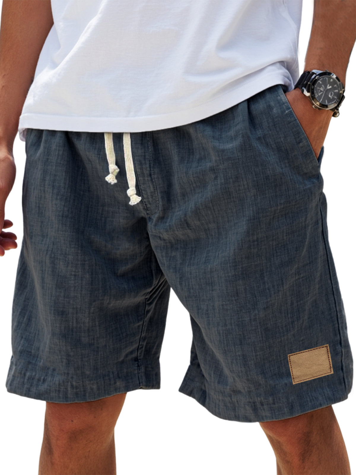 Men's Breathable Linen Embroidered Logo Loose Holiday Shorts