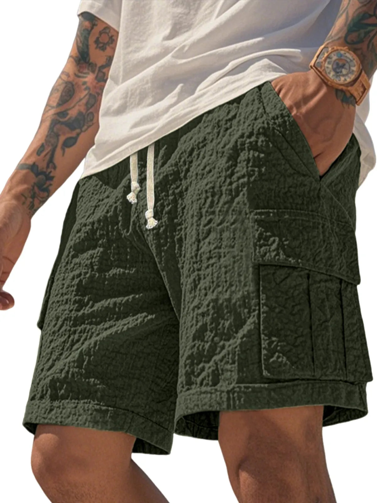Men's Comfortable Seersucker Pleated Multi-Pocket Cargo Shorts Textured Casual Loose Casual Shorts