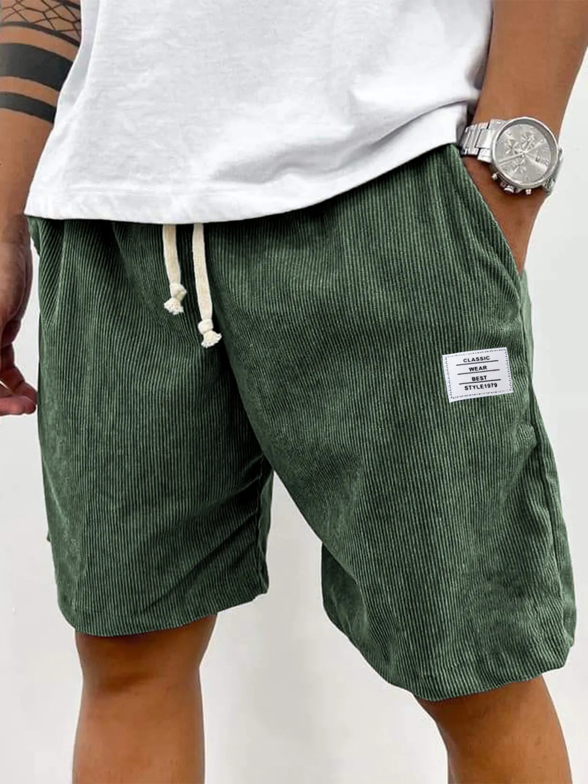 Men's Stylish Corduroy Simple Embroidered Logo Casual Lace-up Loose Shorts