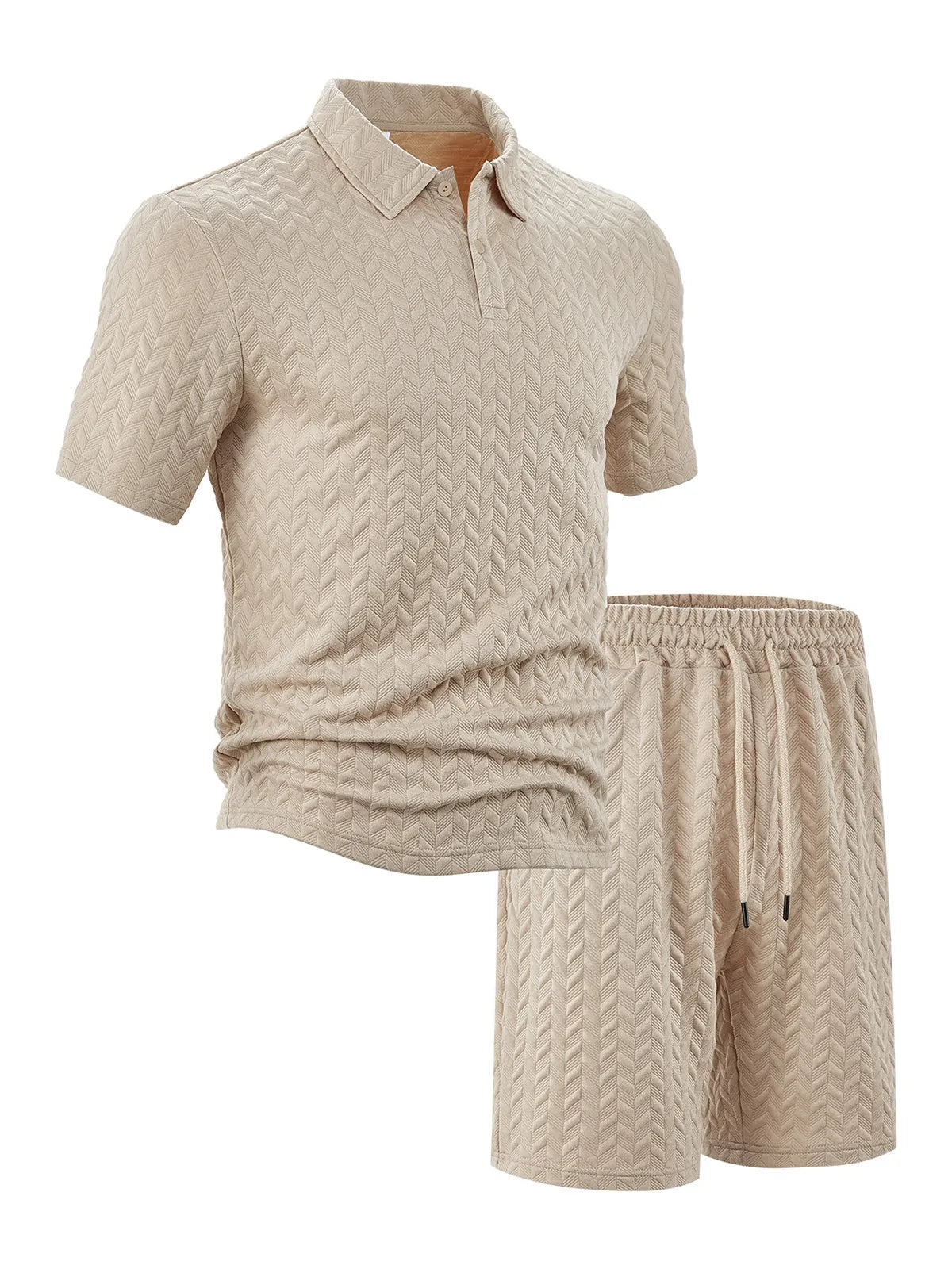 Men's Jacquard Texture Holiday Casual Polo Shirt Lapel Short-sleeved Shorts Suit