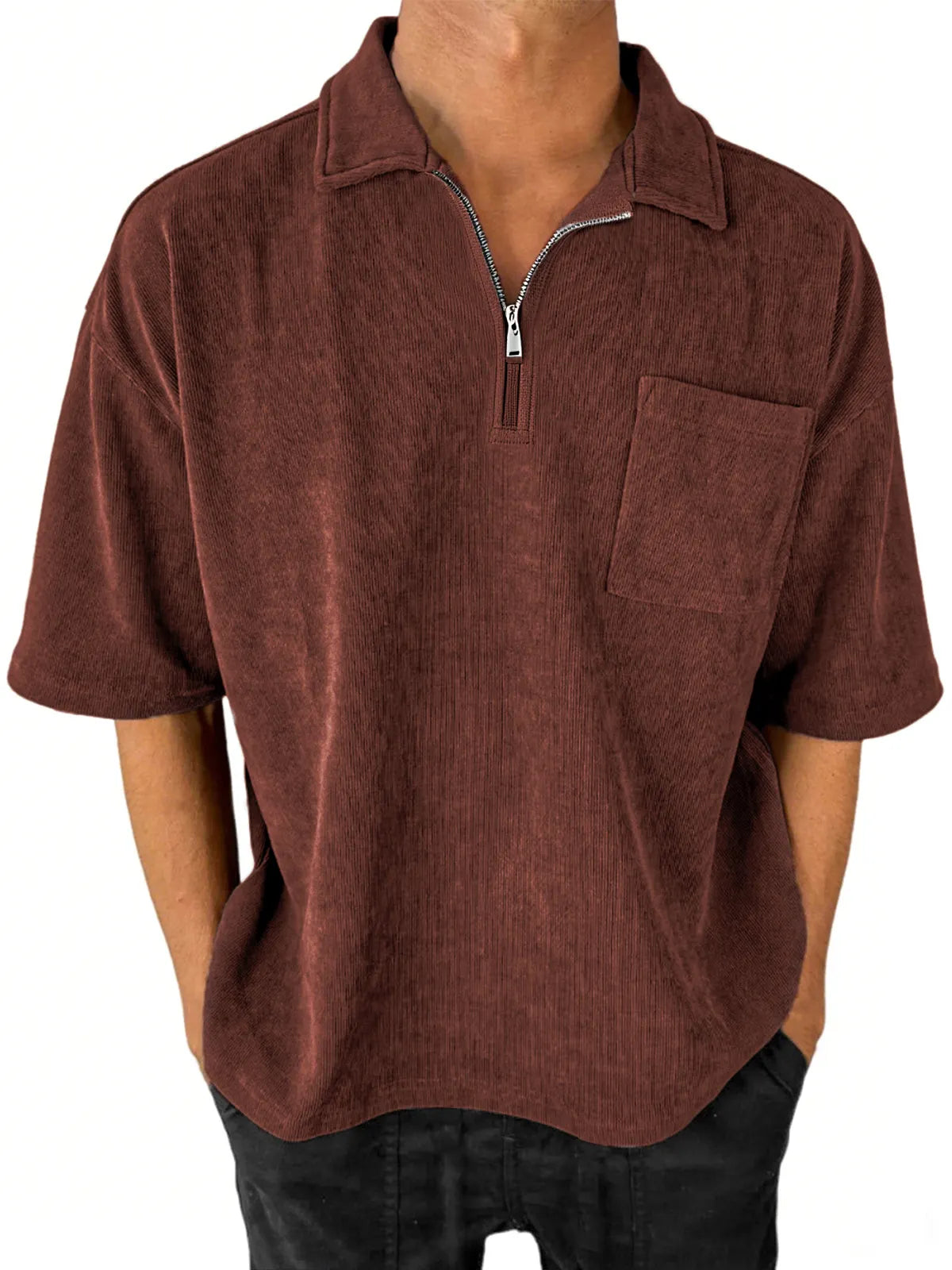 Men's Stylish Ribbed Quarter-Zip Lapel Corduroy Casual POLO Shirt With Chest Pocket