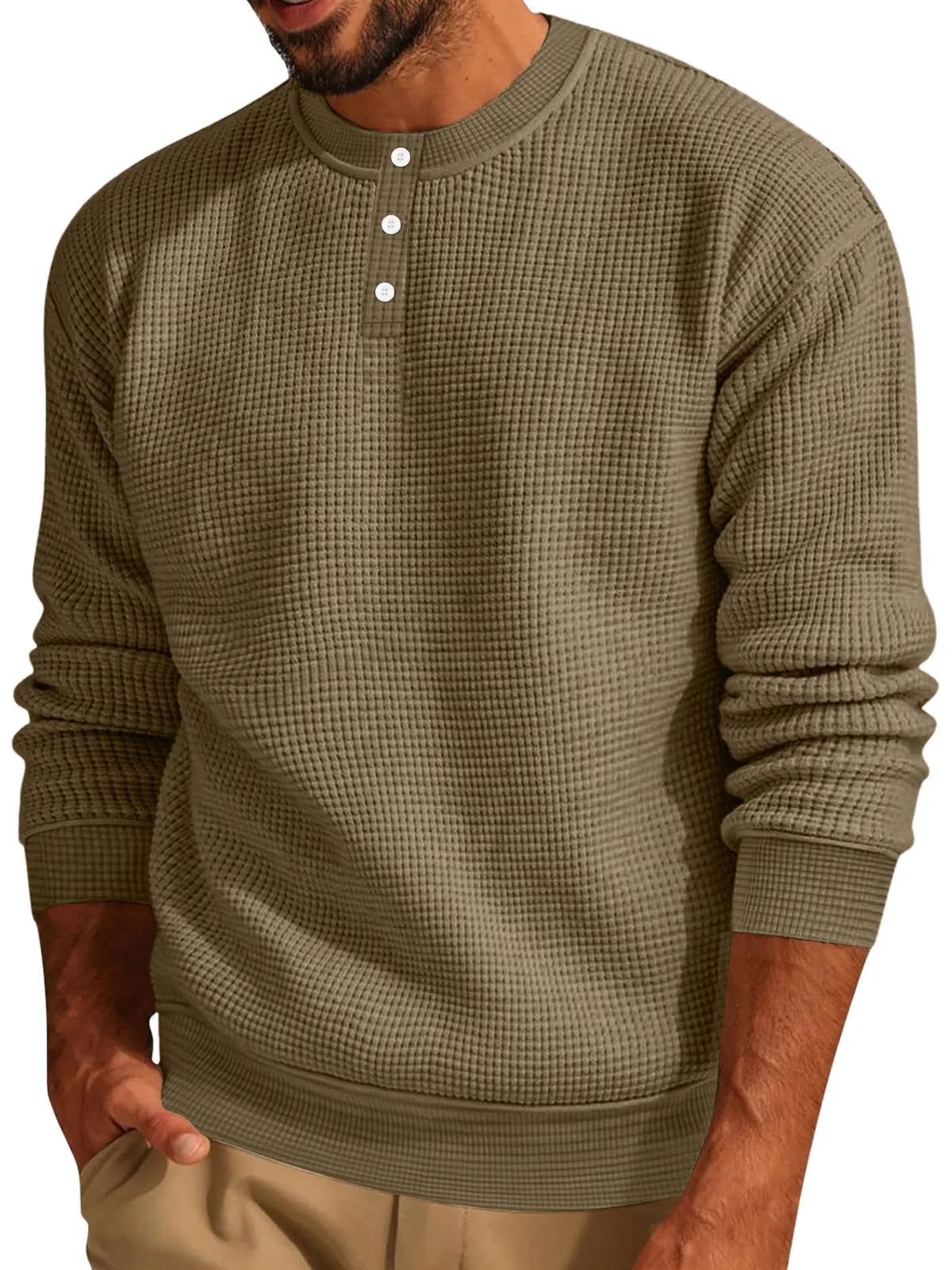 Men's Casual Waffle Solid Button Up Long Sleeve Henley