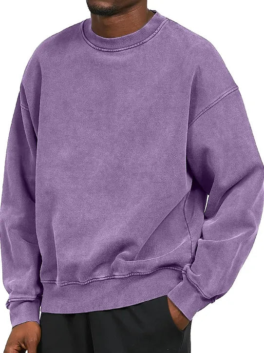 Men's Washed Distressed Cotton Basic Round Neck Long-sleeved Sweatshirt