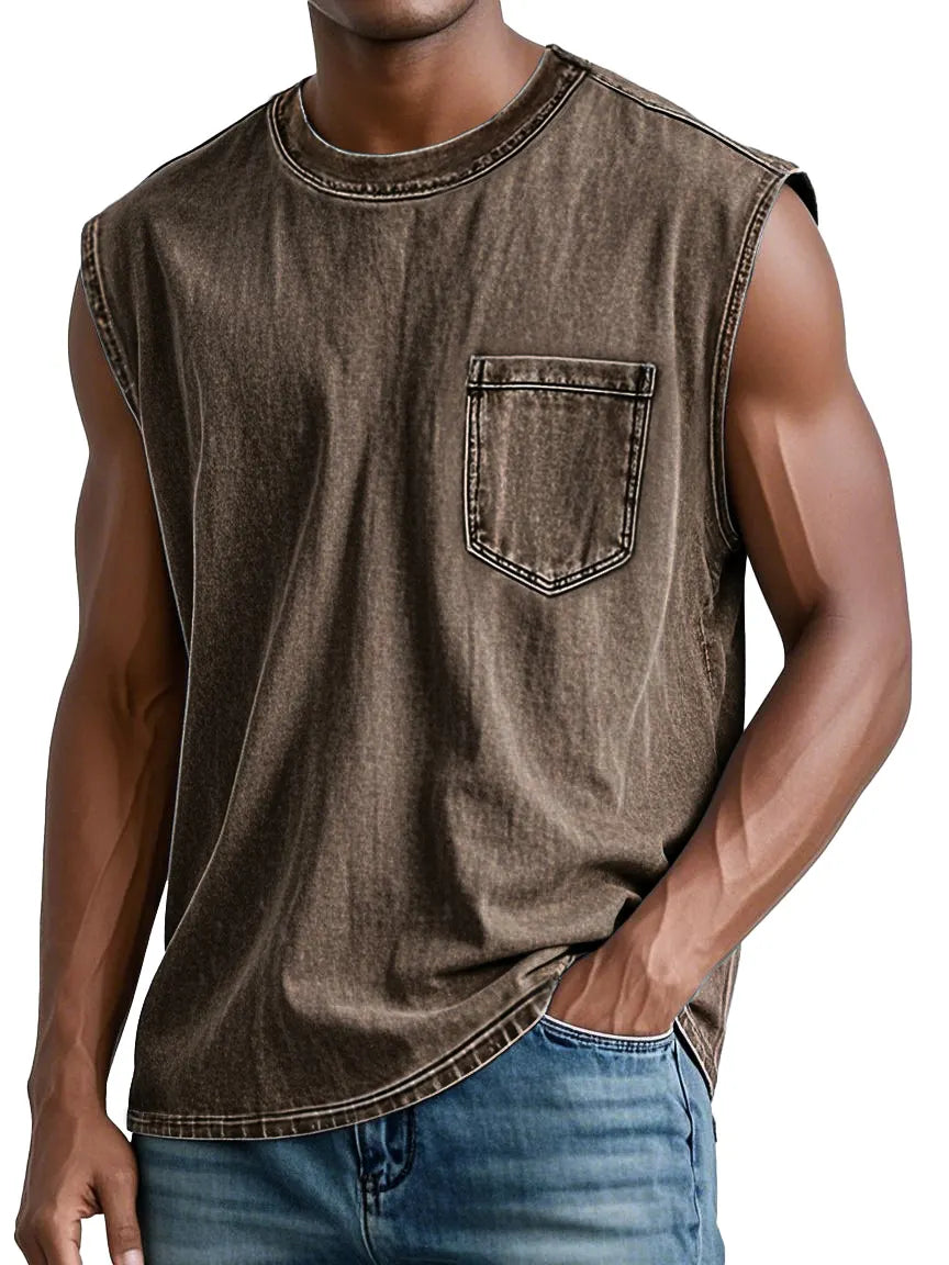 Men's Retro Washed Cotton Casual Round Neck Pocket Fashion Sleeveless Vest