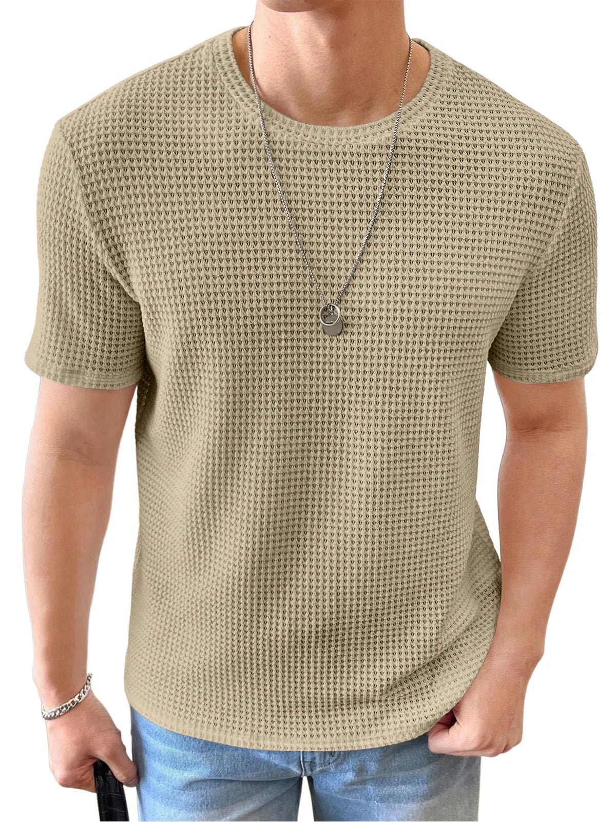 Men's Knitted Waffle Quality Casual Round Neck Short-sleeved T-shirt