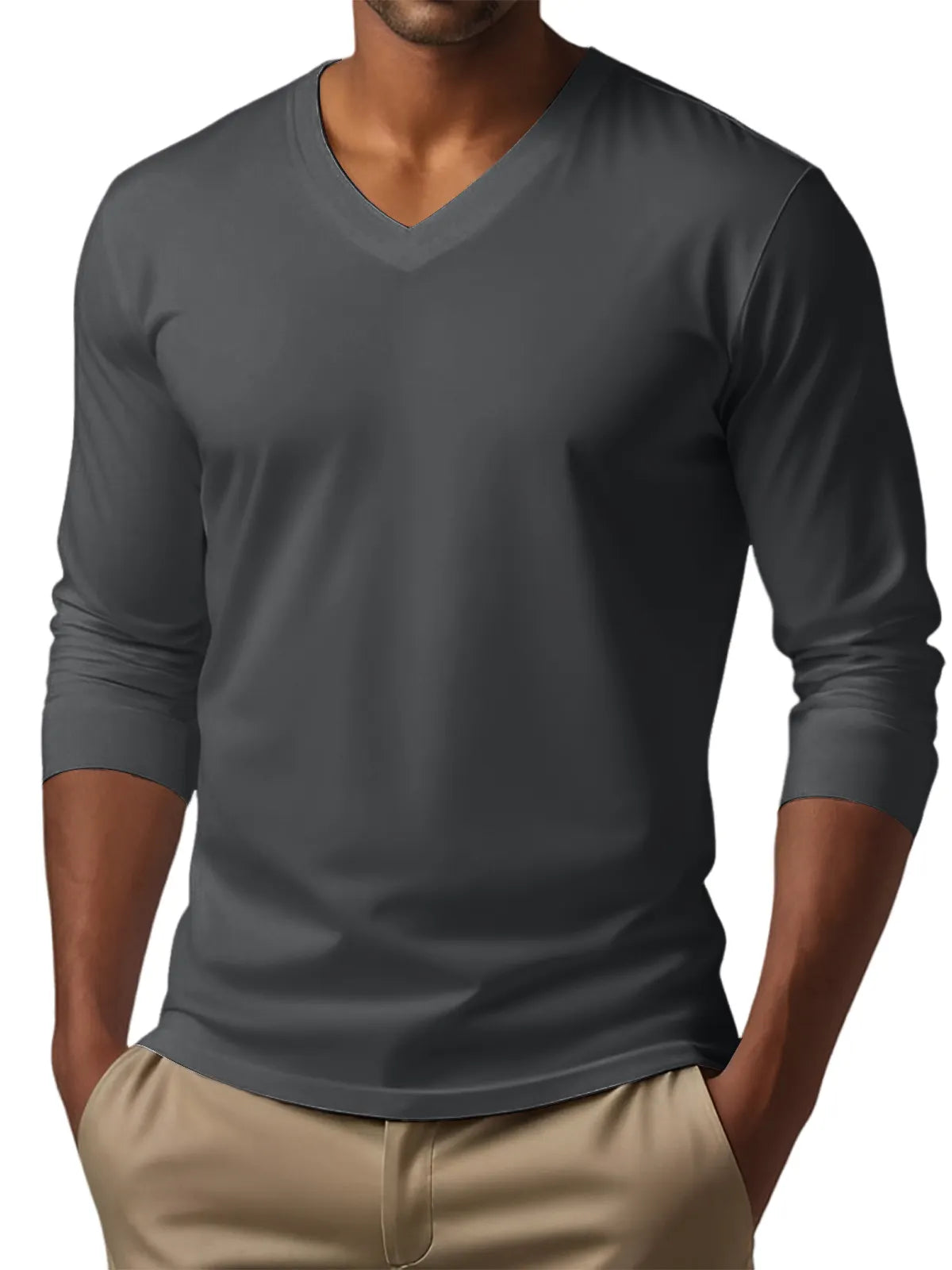 Men's V-neck casual solid color long-sleeved T-shirt