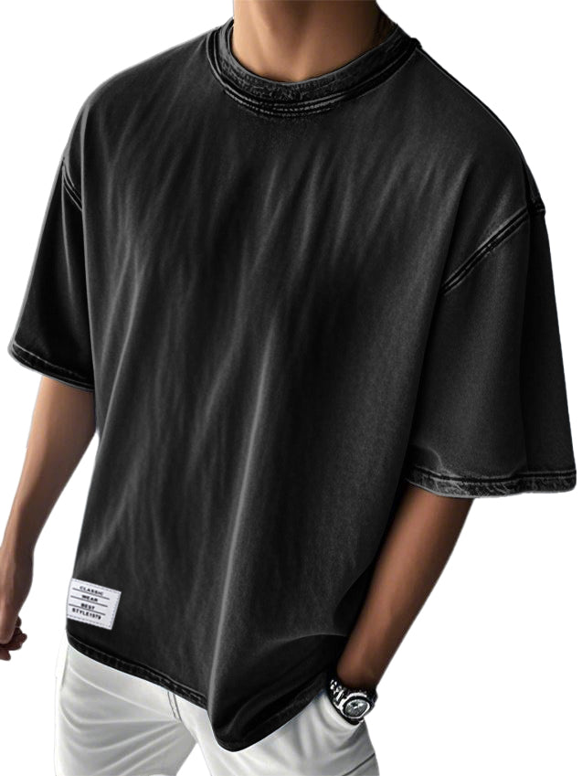 Men's Stylish Washed Distressed Cotton Logo Casual Short Sleeve T-shirt