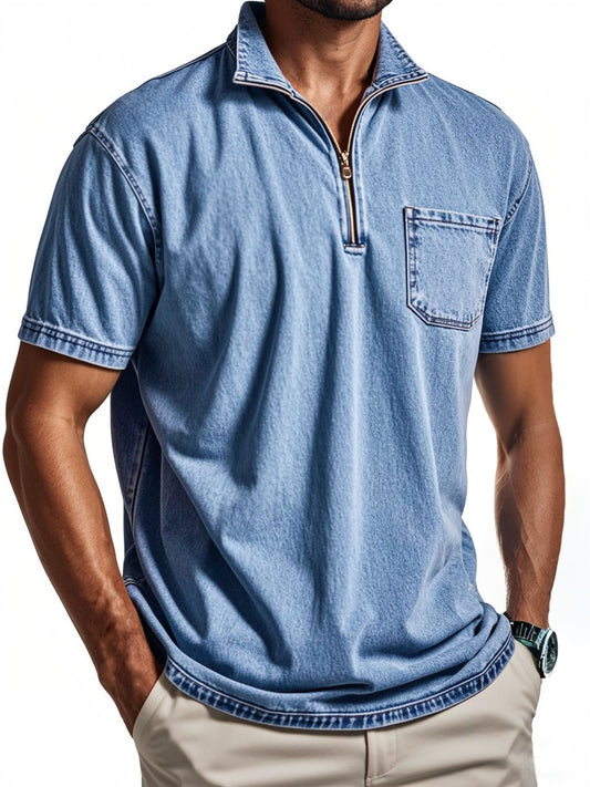 Men's Vintage Distressed Quarter Zip Polo Shirt With Chest Pocket