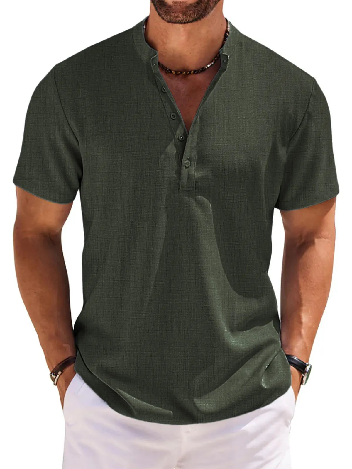 Men's 100% Cotton and Linen Casual Short Sleeve Henley Button Shirt