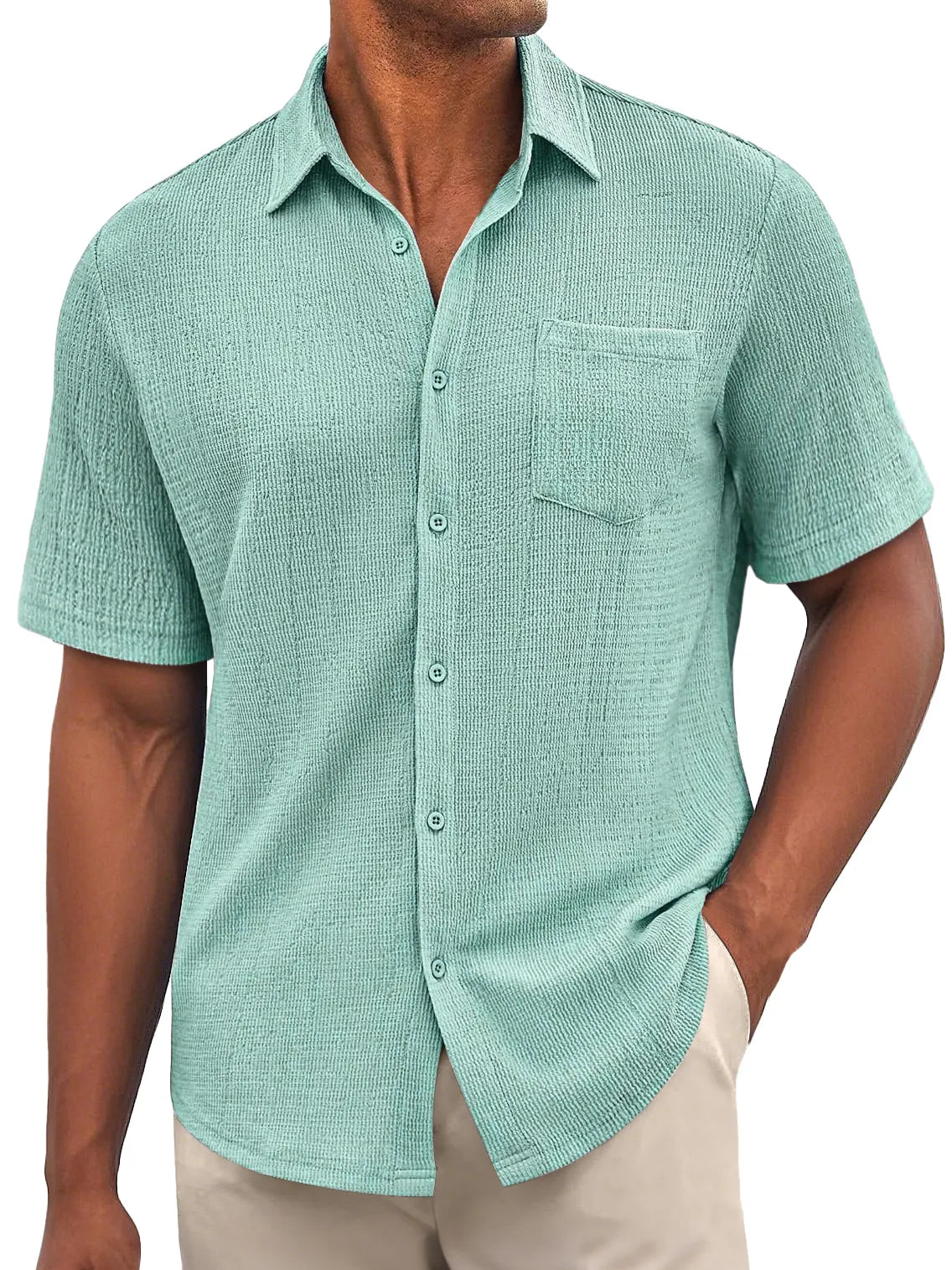 Men's Daily Bubble Wrinkle Casual Pocket Solid Color Short Sleeve Shirt