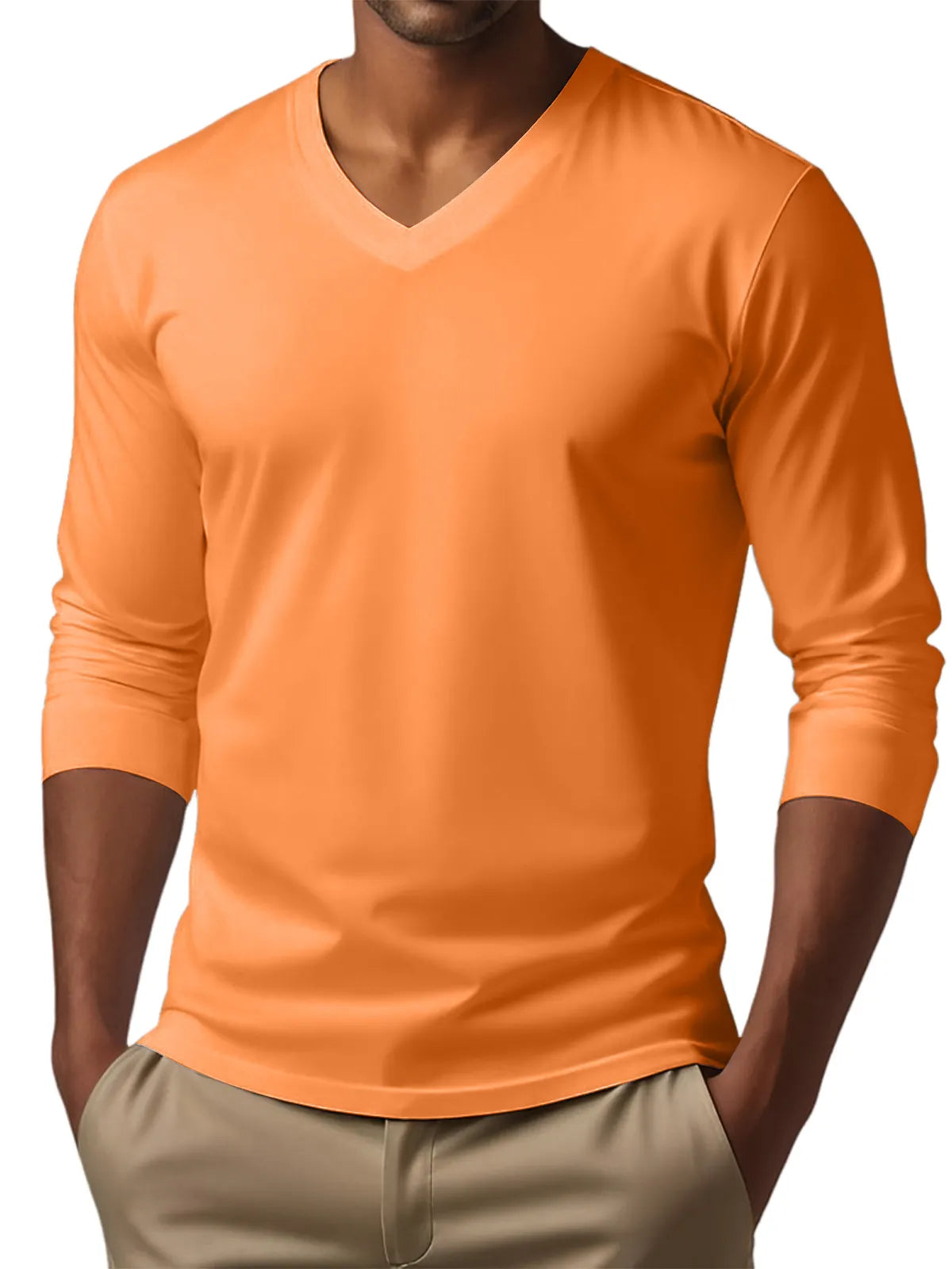 Men's V-neck casual solid color long-sleeved T-shirt
