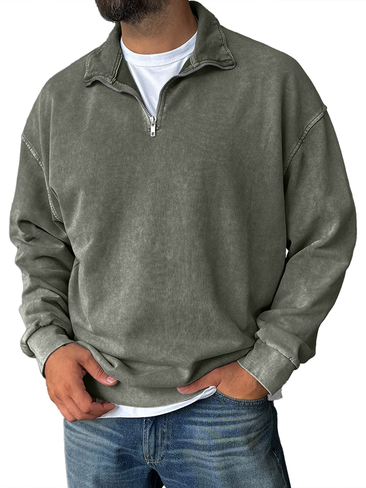 Men's Fashionable Retro Half-zip Stand Collar Casual Sweatshirt