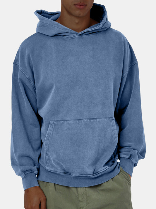 Men's Vintage Washed Cotton Solid Color Long-sleeved Hooded Sweatshirt