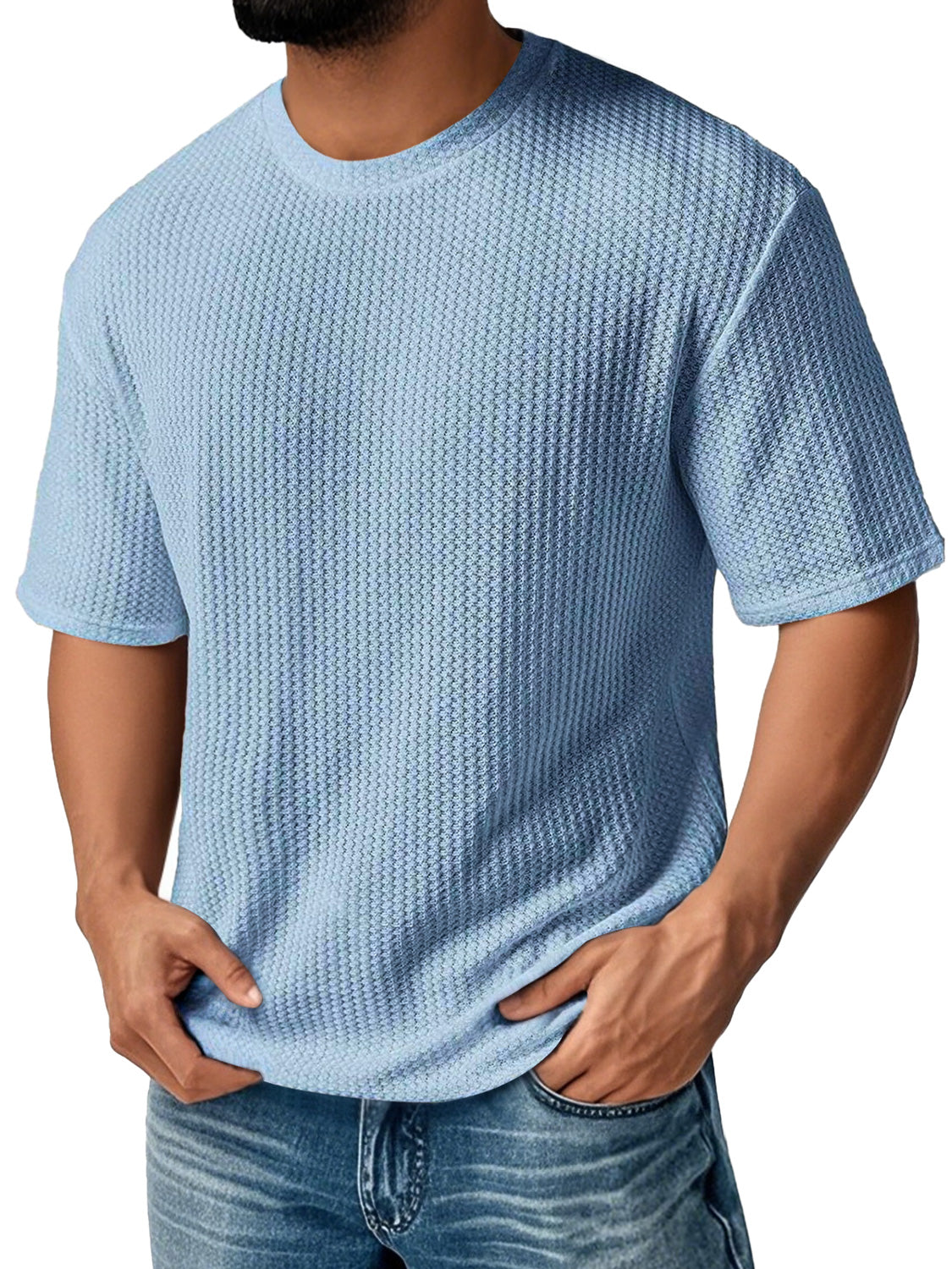 Men's Daily Round Neck Waffle Casual Solid Color Comfortable Short Sleeve T-shirt