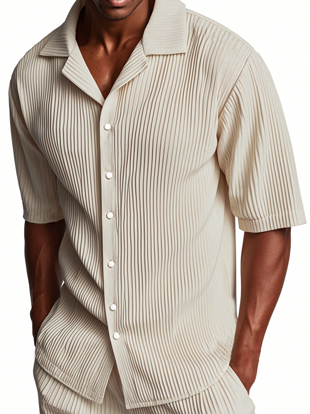 Men's Pleated Cuban Collar Casual Ribbed Fabric Short Sleeve Lapel Shirt