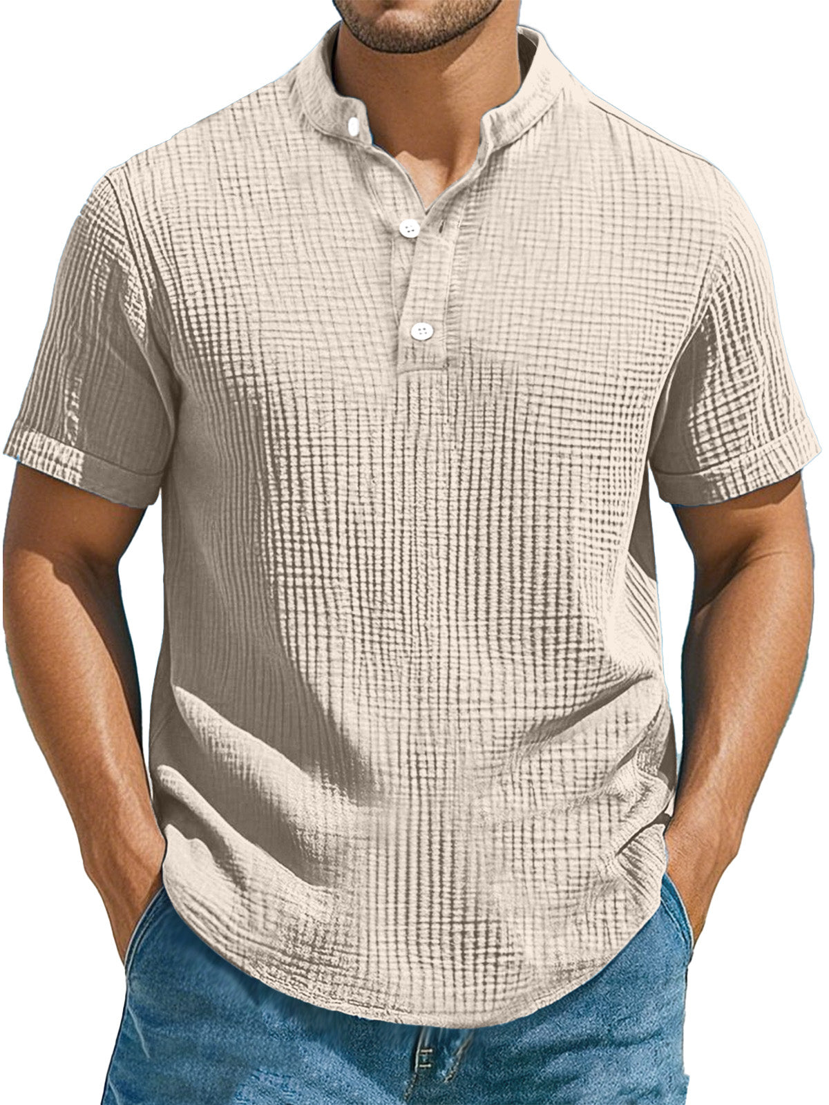 Men's Casual Solid Color Pleated Texture Short-sleeved Stand Collar Henley Shirt