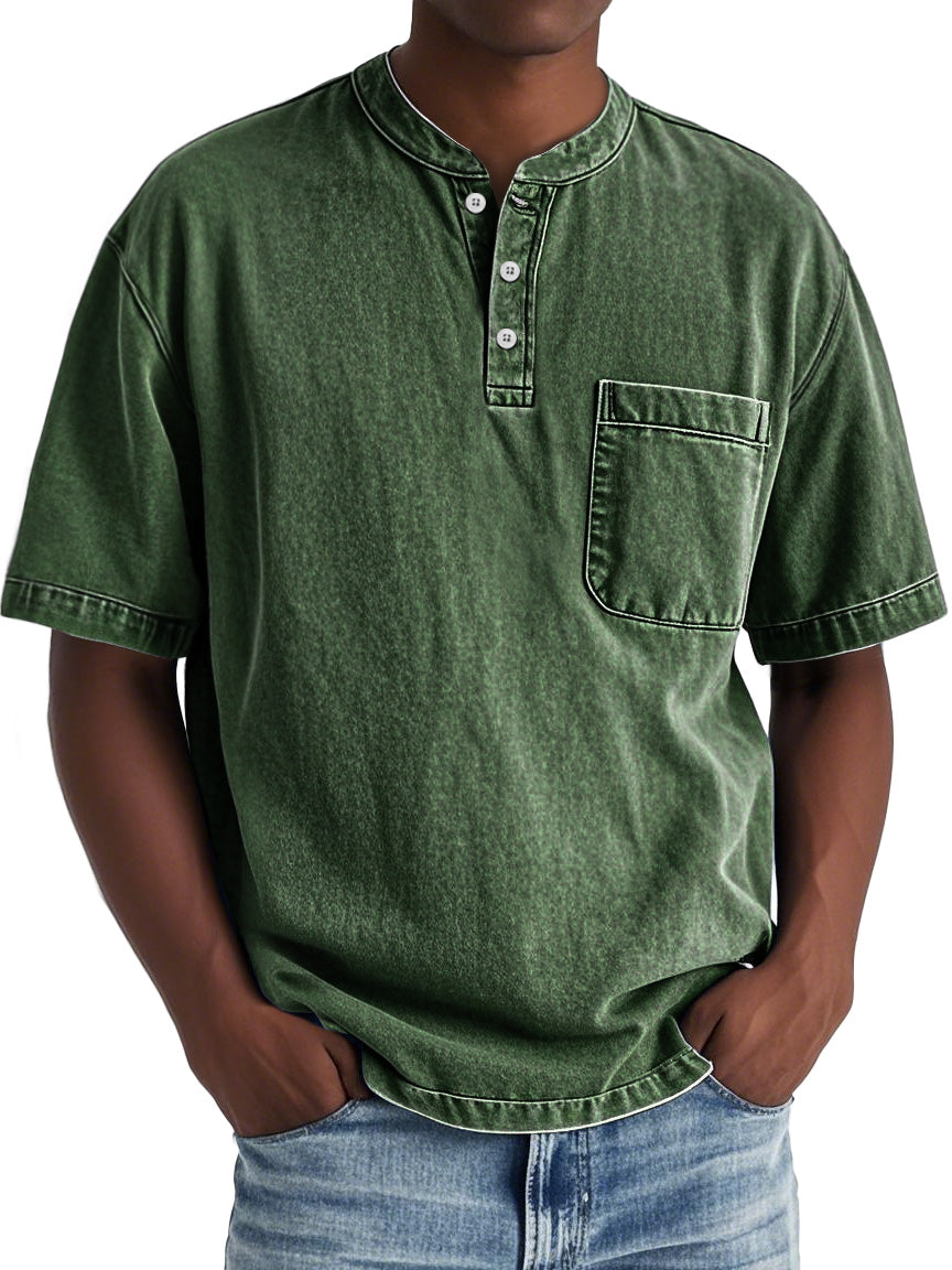 Men's Vintage Distressed Stand Collar Pocket Casual Short Sleeve Henley Shirt
