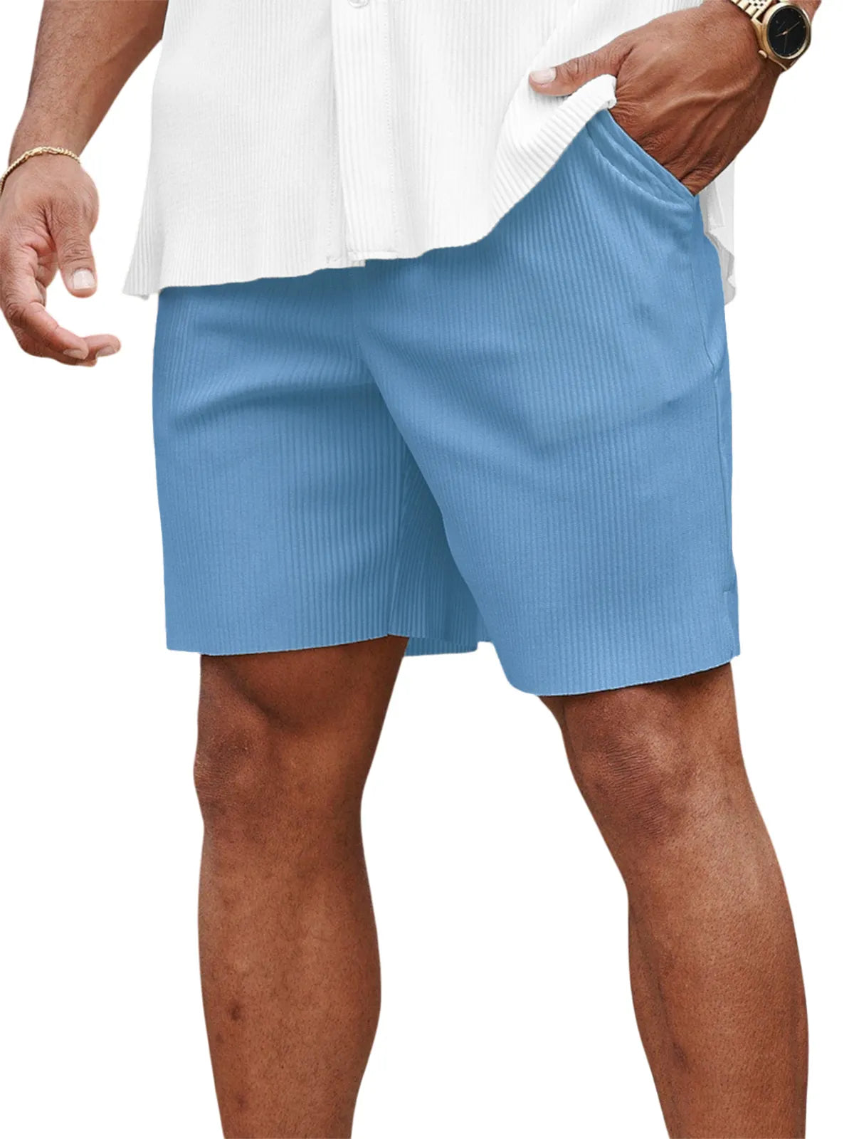 Men's Casual Pit Stripe Pleated Elastic Stretch Shorts with Side Pockets