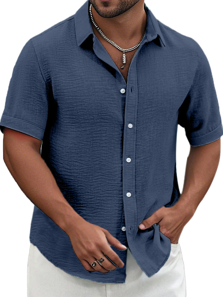 Men's Summer Solid Color Textured Short-sleeved Lapel Button-down Shirt