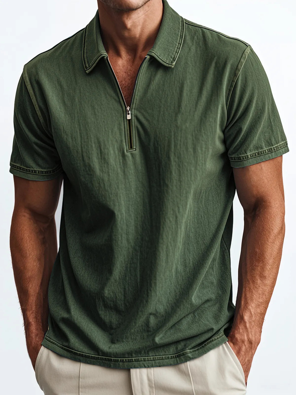 Men's Retro Quarter Zip Collar Casual Fit Polo Shirt